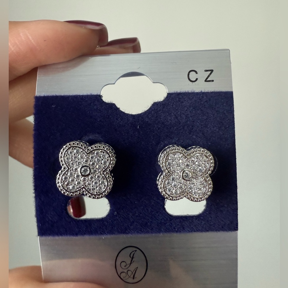 Elegant Silver Plated and Cubic Zirconia Flower Stud Earrings
